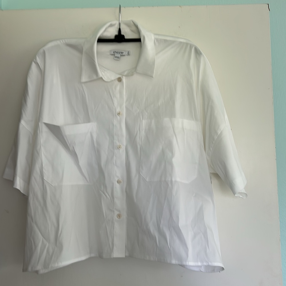 Chico's Sz 3 ButtonDown white Short Sleeve Blouse XL‎